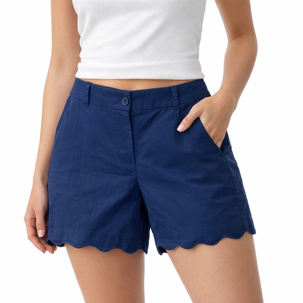 Talbots navy blue casual coastal chino summer scallop detail hem shorts size 6